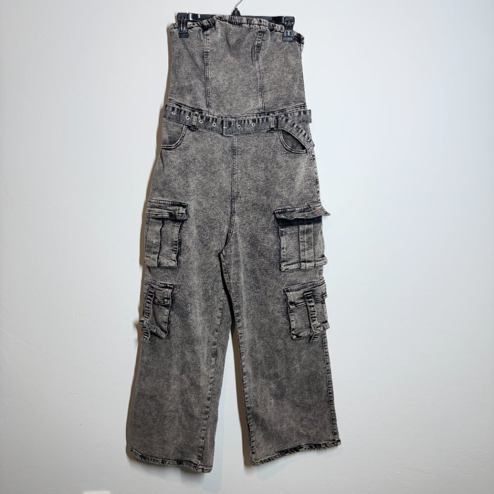 Fourteen Twelve Cargo Jean Jumpsuit Y2K Vibes-High Waist Acid Wash Wide Leg L